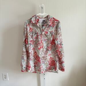 J.A.K. EUC Women's 100% Cotton Pink Red White Floral Button Down Blouse Size L